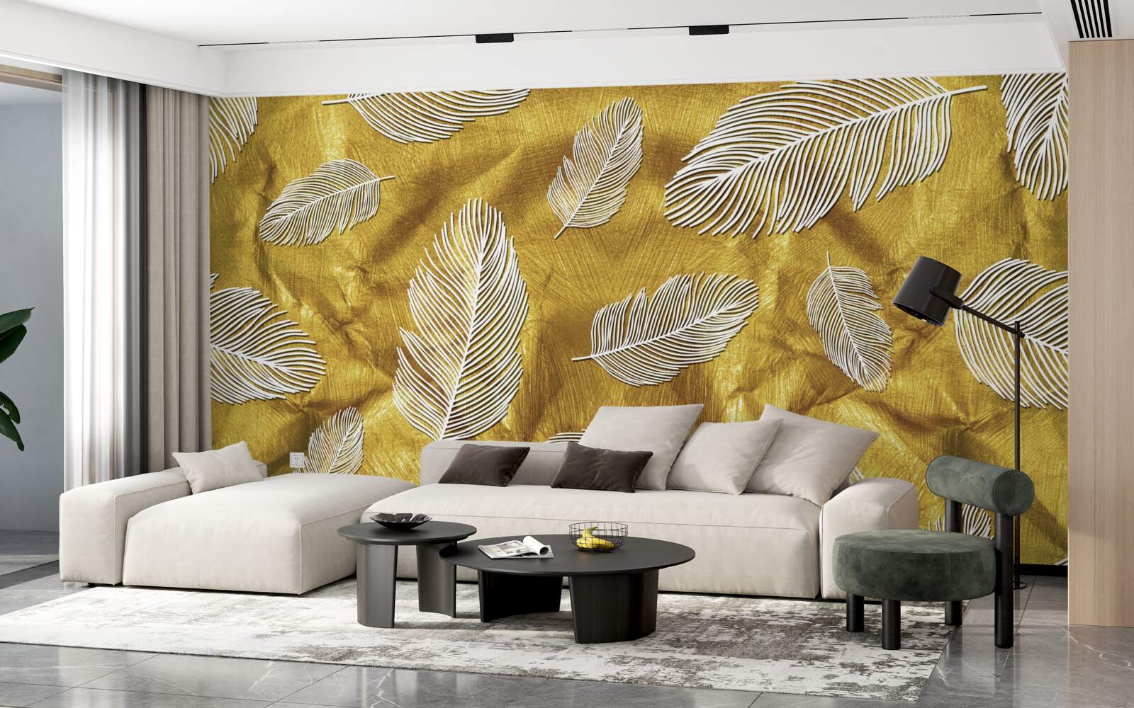 Fotobehang dunne witte veren op een gouden achtergrond