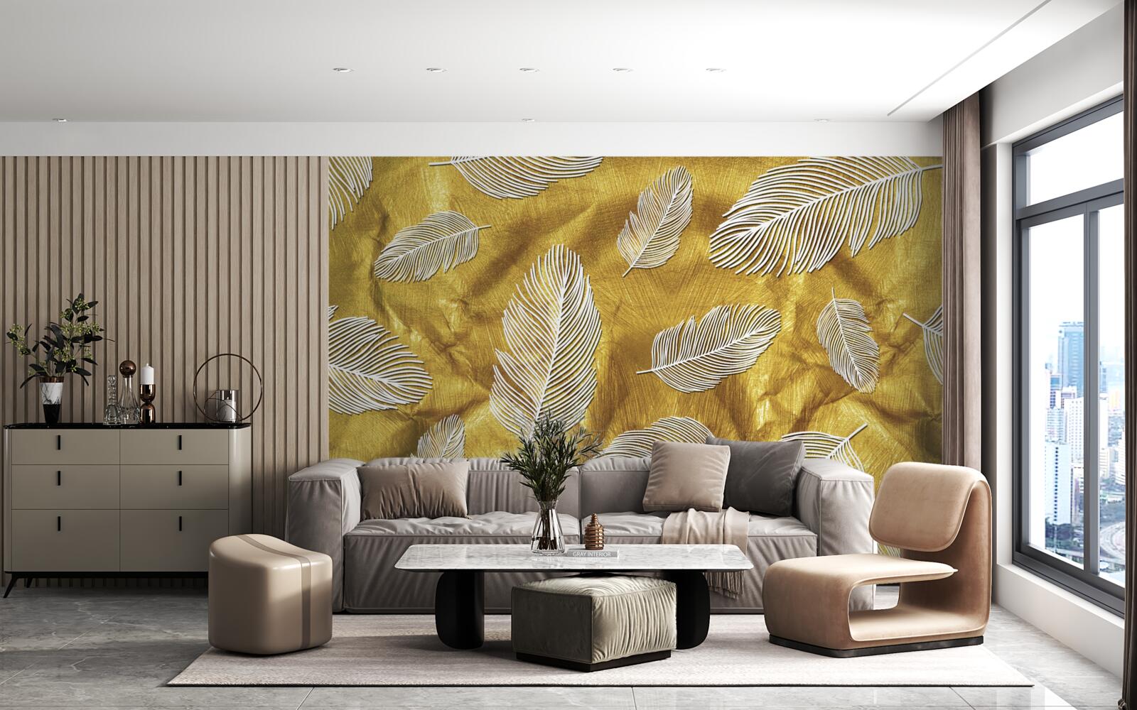 Fotobehang dunne witte veren op een gouden achtergrond