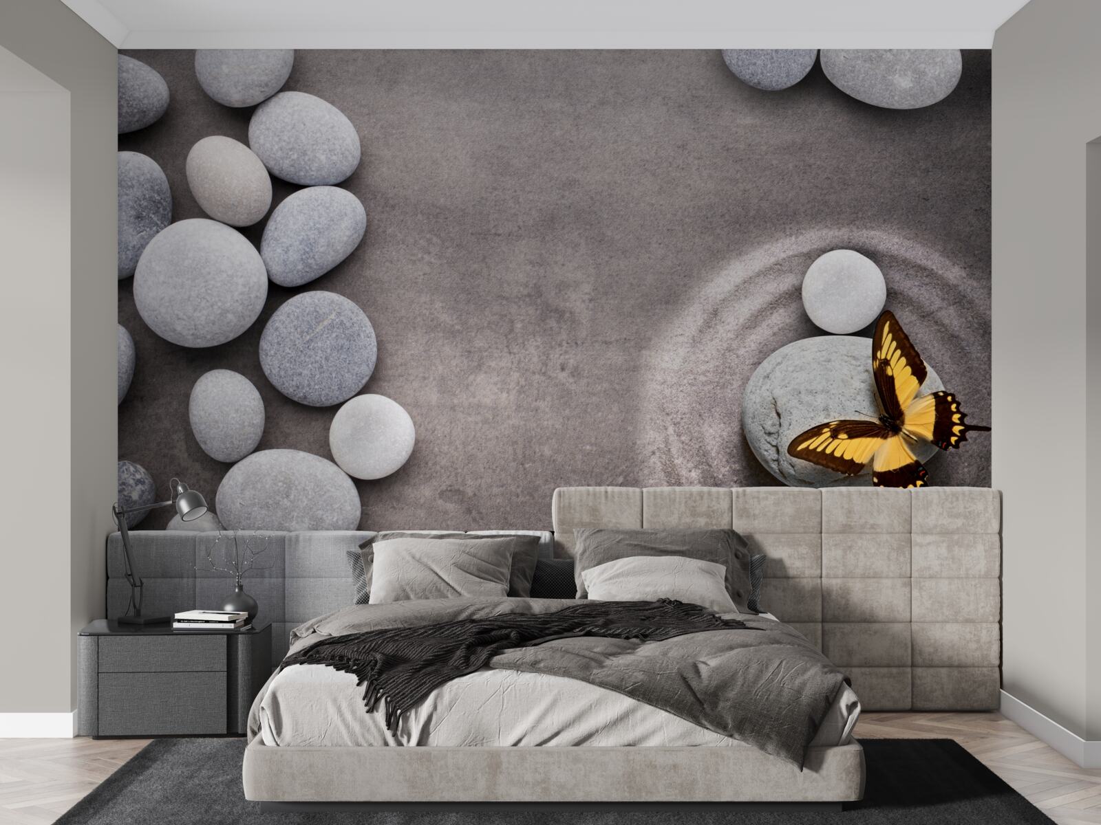 Fotobehang vlinder zit op een steen bij een vijver