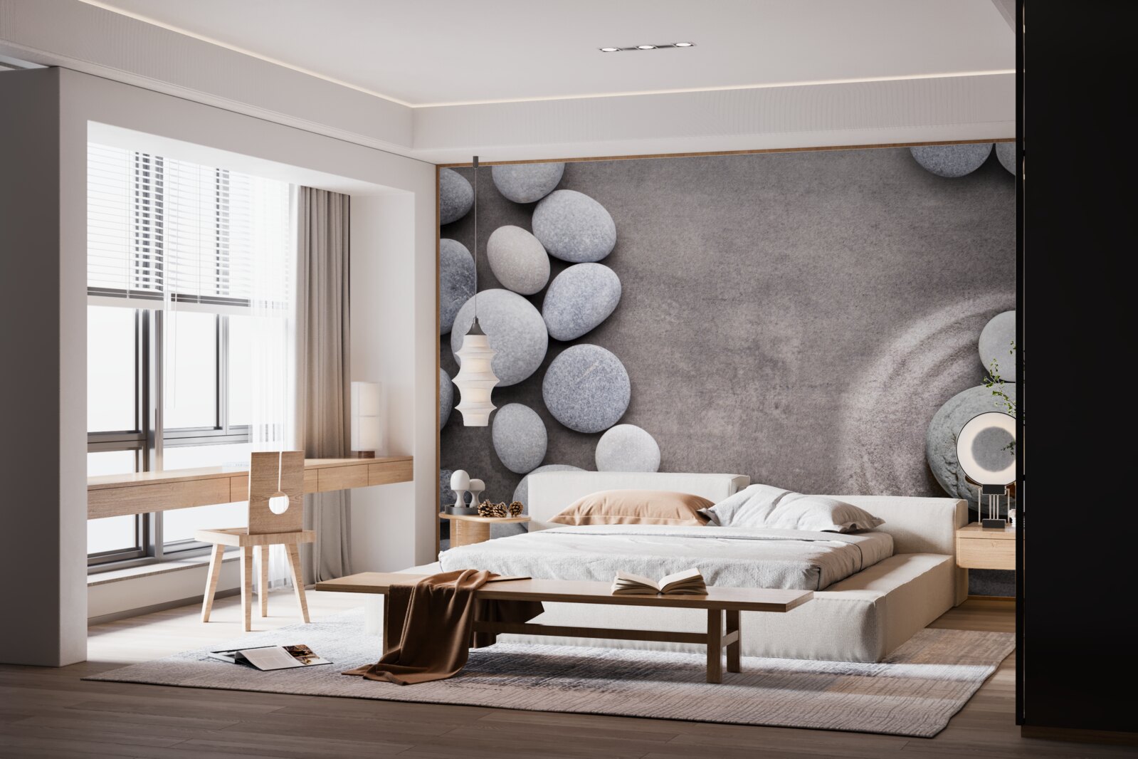 Fotobehang vlinder zit op een steen bij een vijver