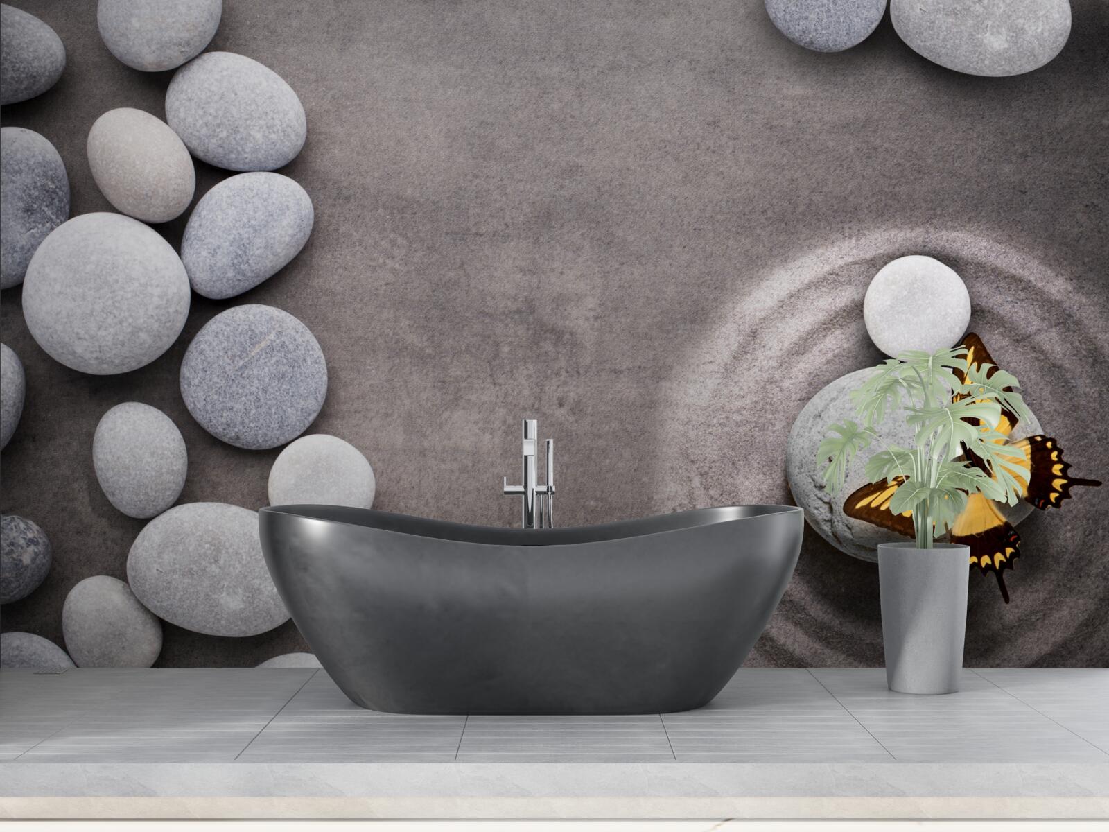 Fotobehang vlinder zit op een steen bij een vijver