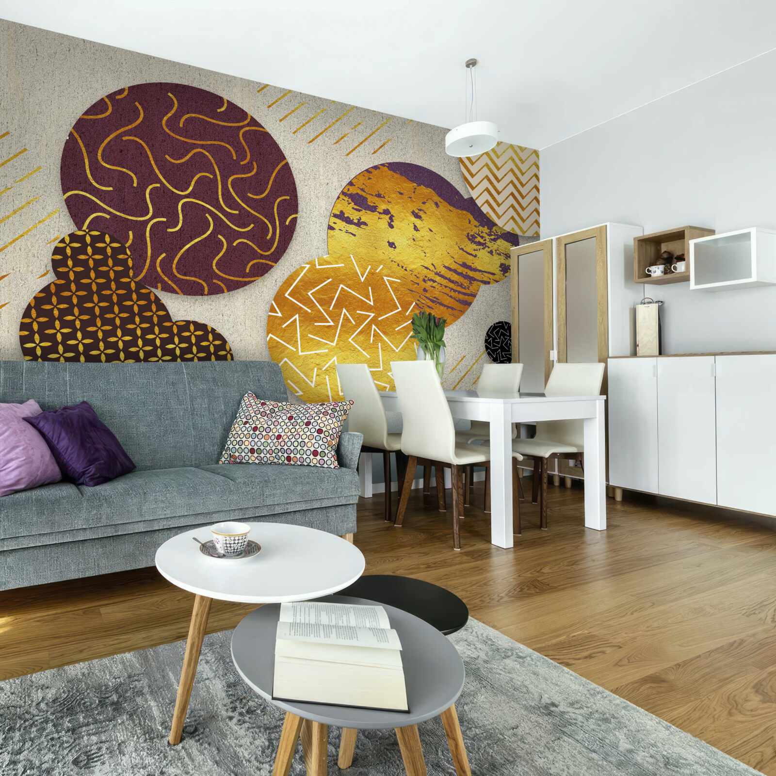 Fotobehang abstracte schilderijen in bruin- en paarstinten