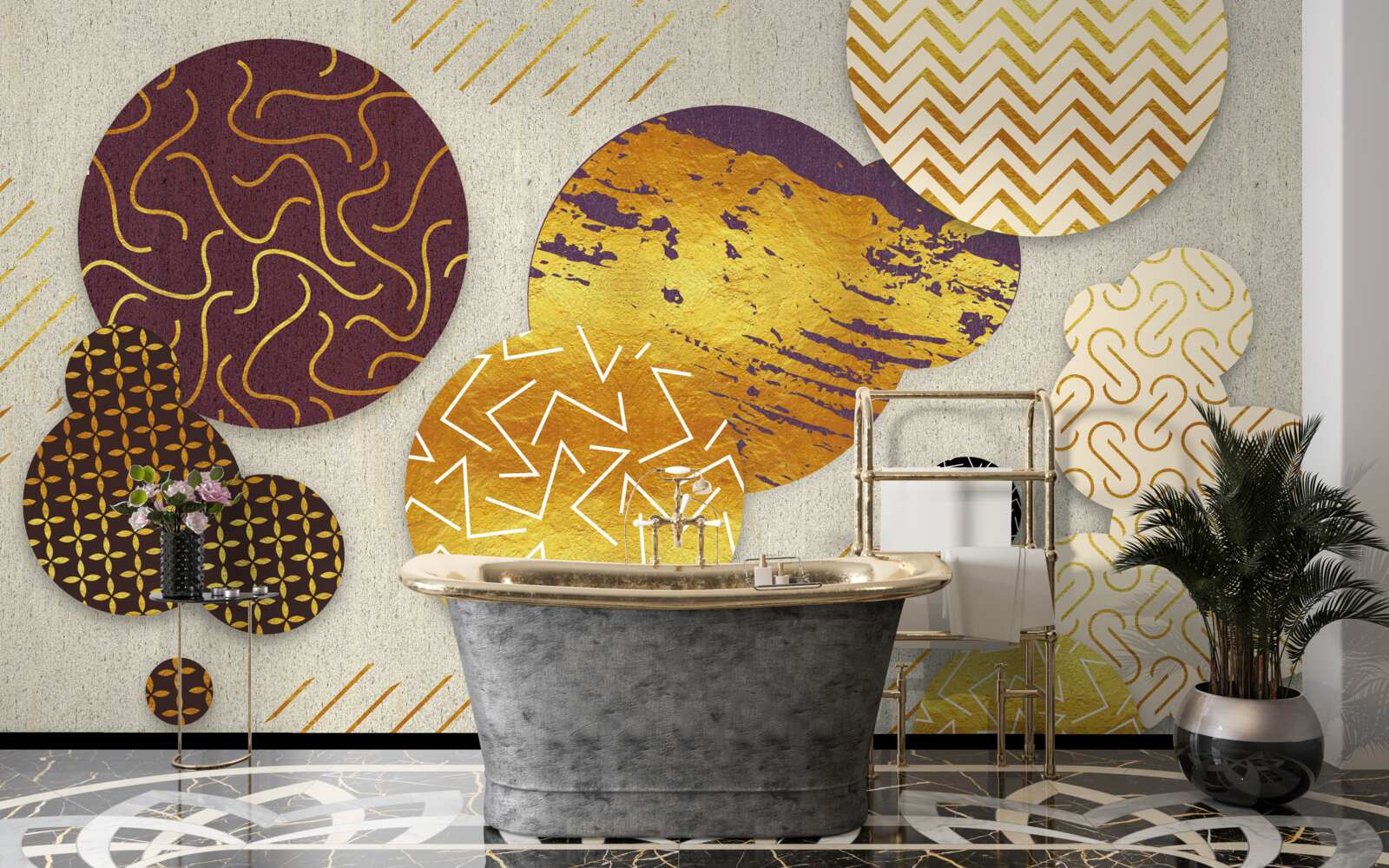 Fotobehang abstracte schilderijen in bruin- en paarstinten