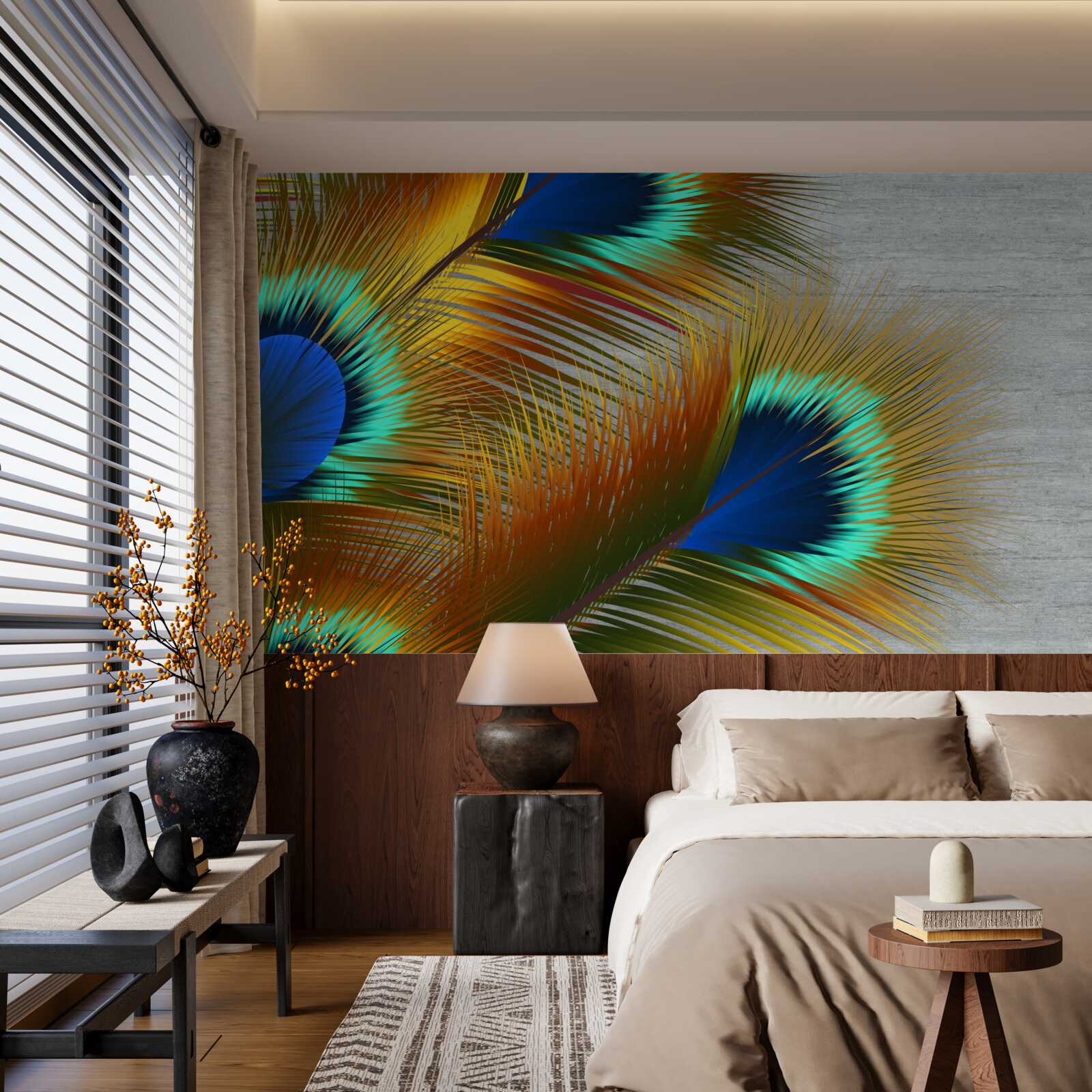 Fotobehang weelderige pauwenveren