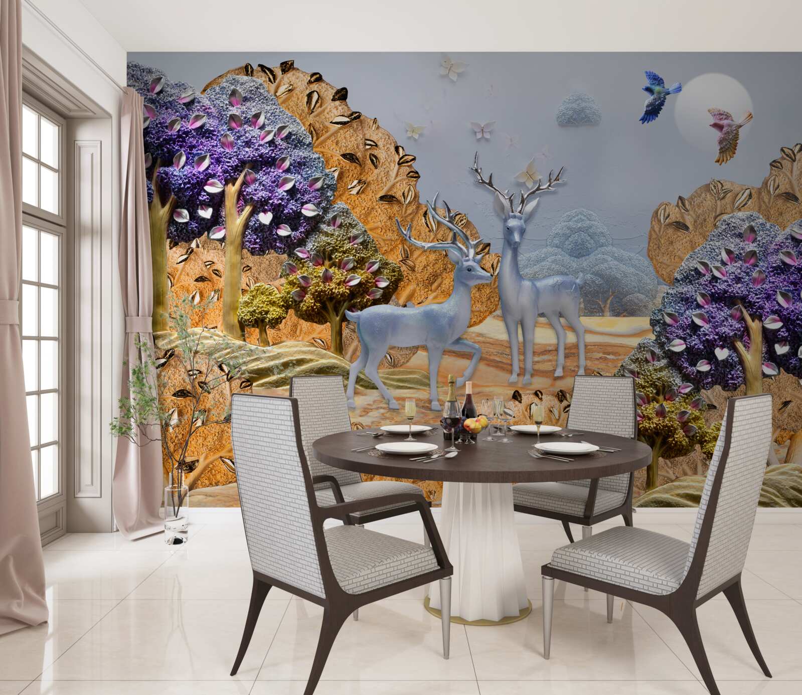 Fotobehang avondbos in de herfst en twee herten