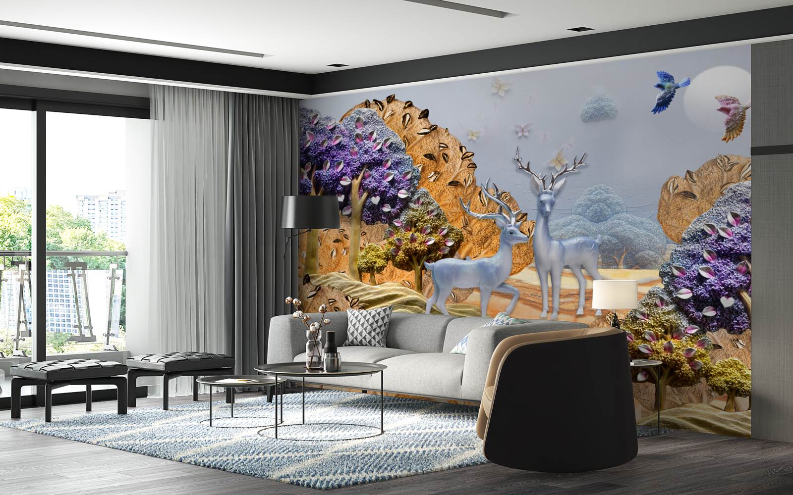 Fotobehang avondbos in de herfst en twee herten