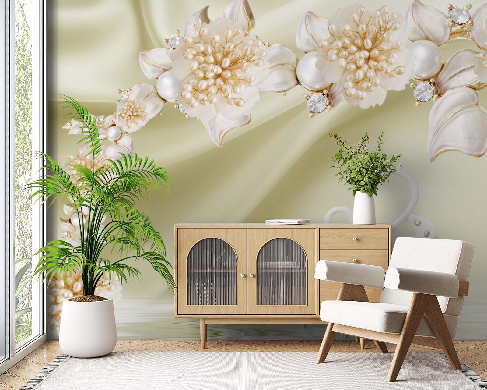 Fotobehang knoppen versierd met goud en parels bloeien