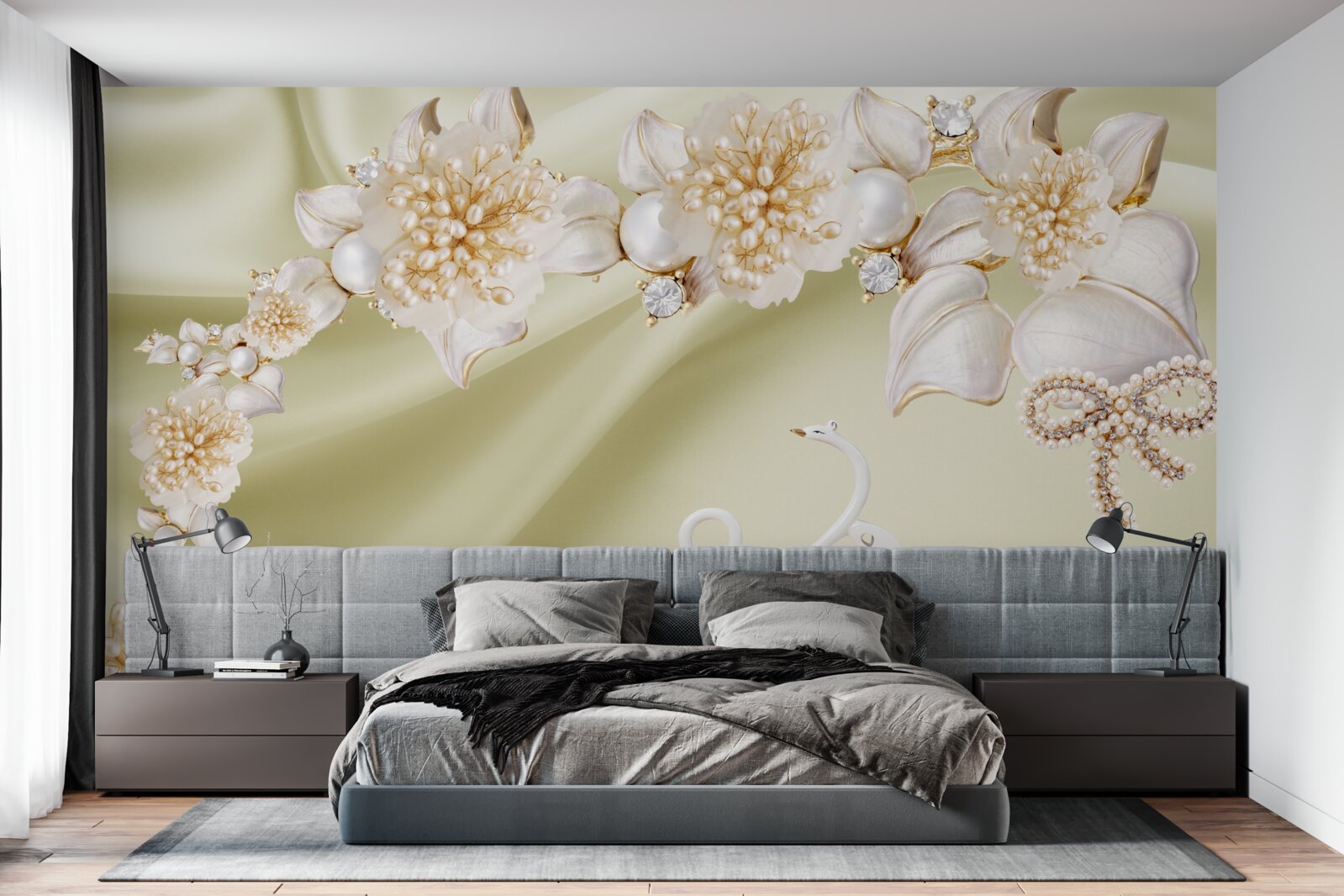 Fotobehang knoppen versierd met goud en parels bloeien