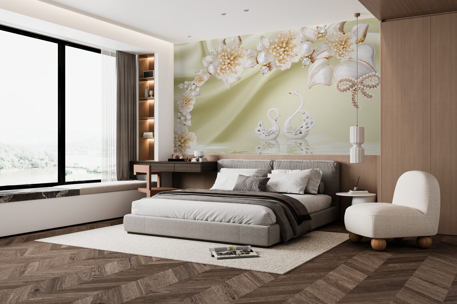 Fotobehang knoppen versierd met goud en parels bloeien