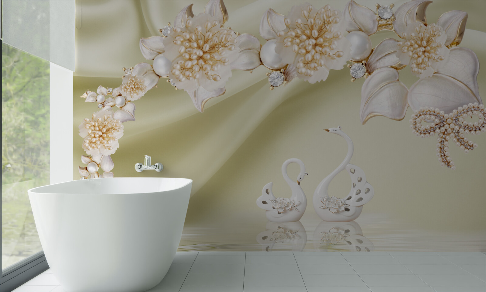 Fotobehang knoppen versierd met goud en parels bloeien