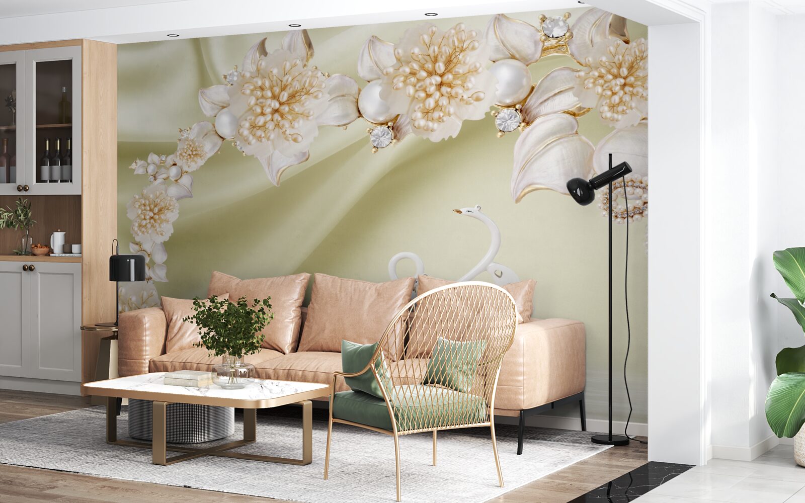 Fotobehang knoppen versierd met goud en parels bloeien