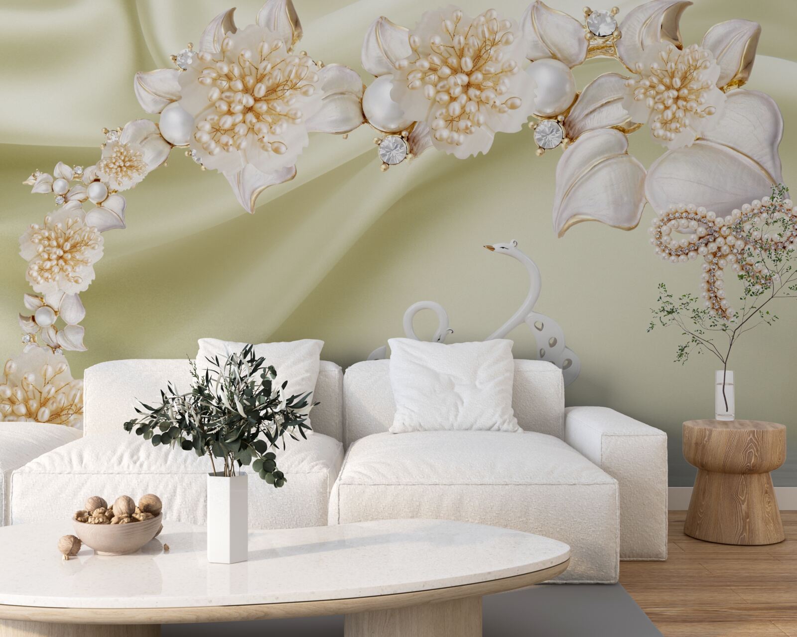 Fotobehang knoppen versierd met goud en parels bloeien