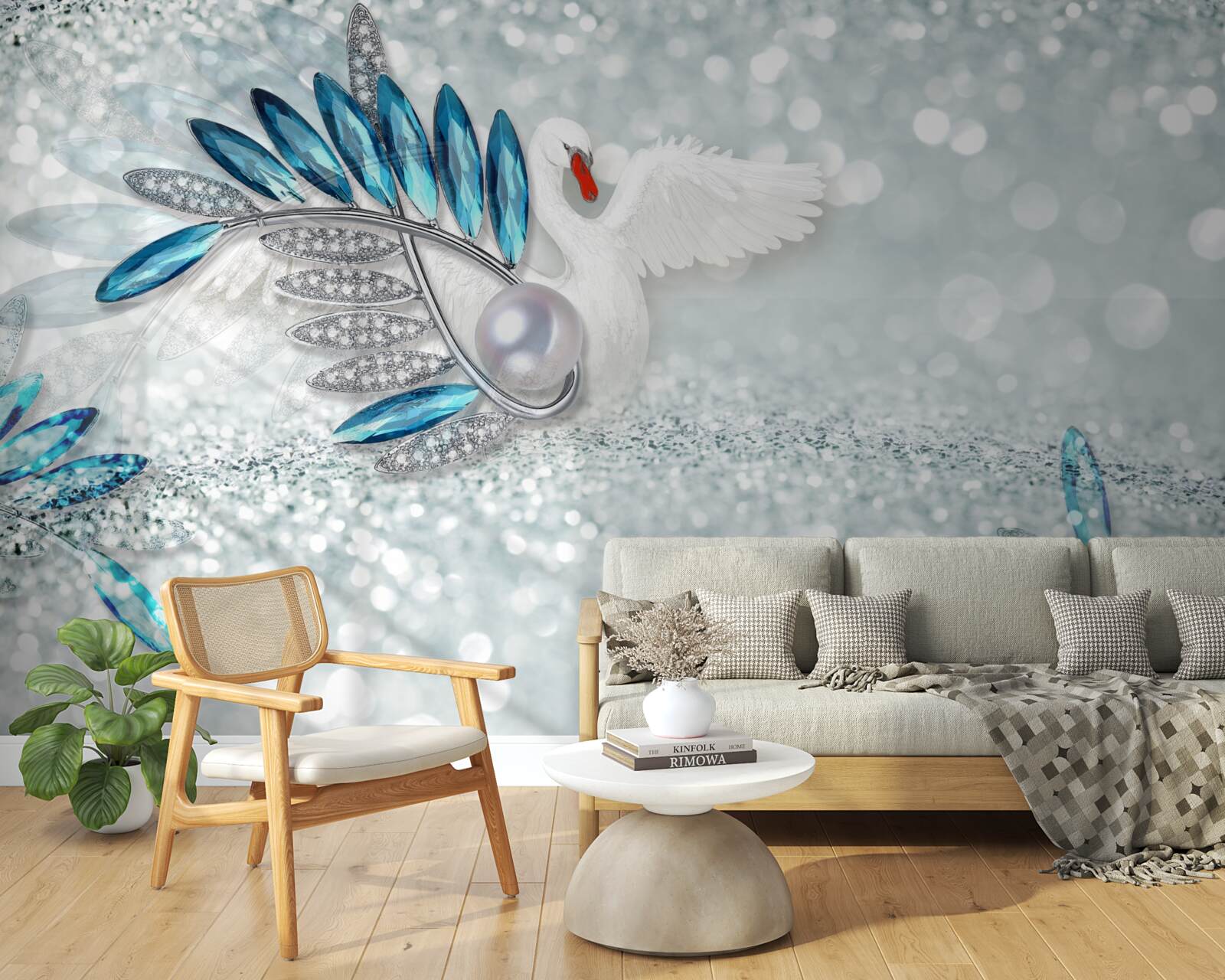 Fotobehang sieraden van witte zwaan en parelmoer