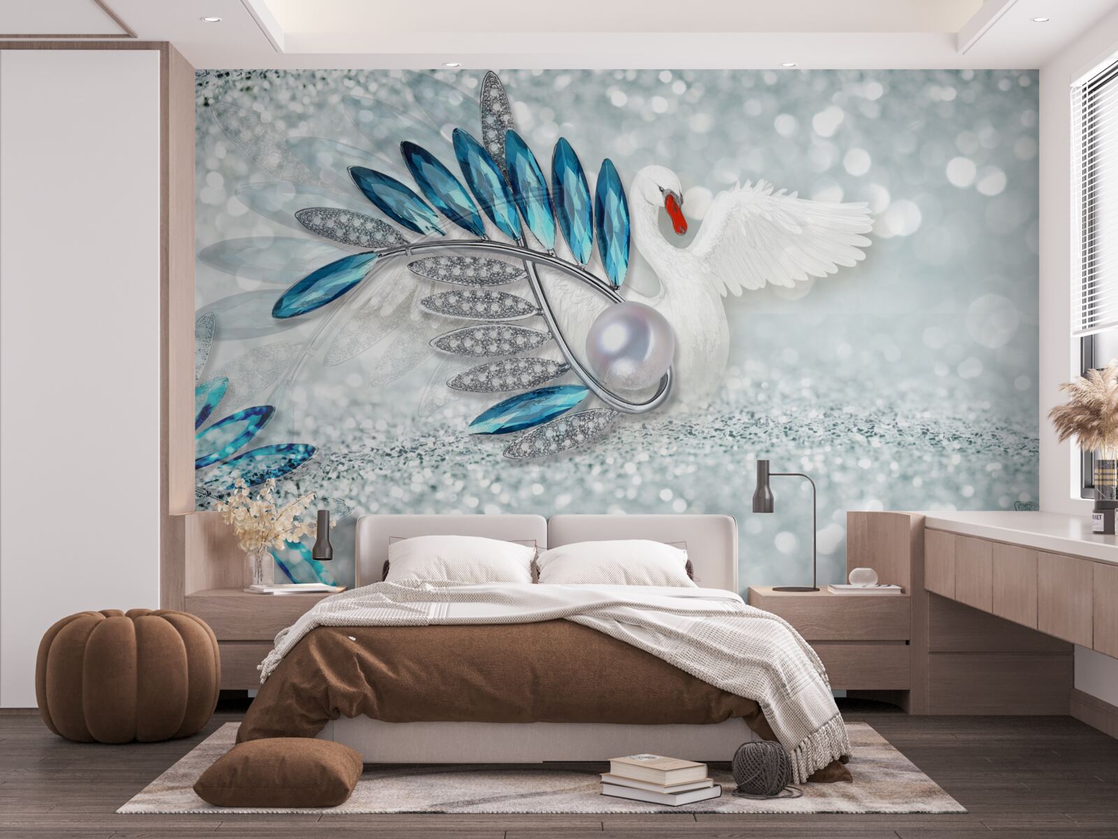 Fotobehang sieraden van witte zwaan en parelmoer