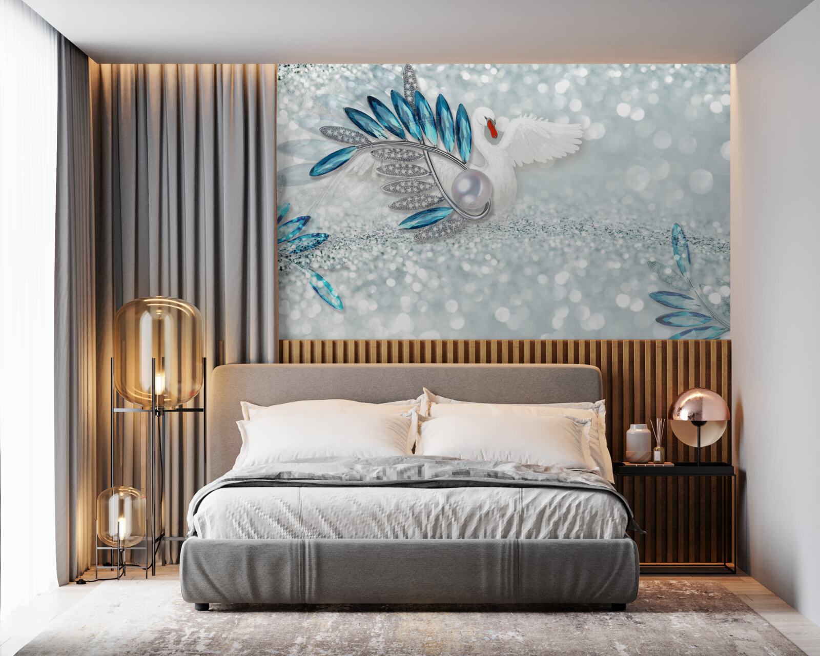 Fotobehang sieraden van witte zwaan en parelmoer