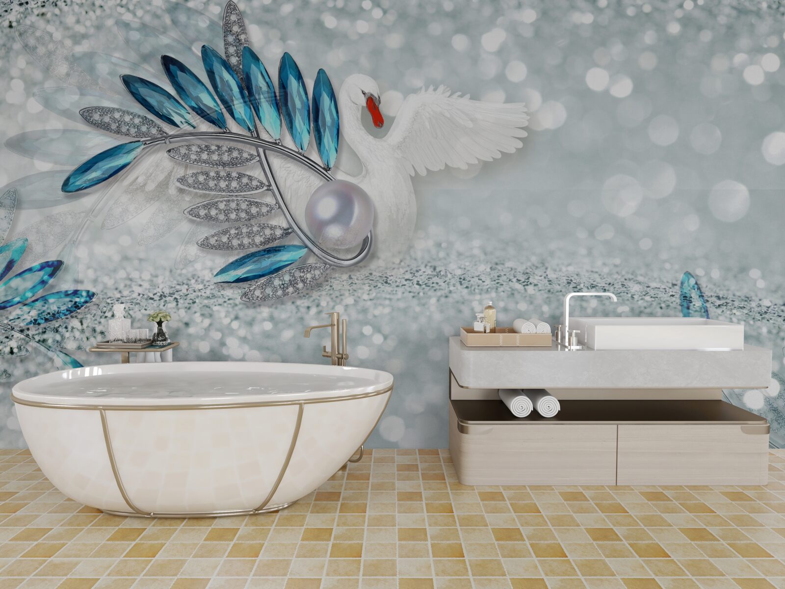 Fotobehang sieraden van witte zwaan en parelmoer