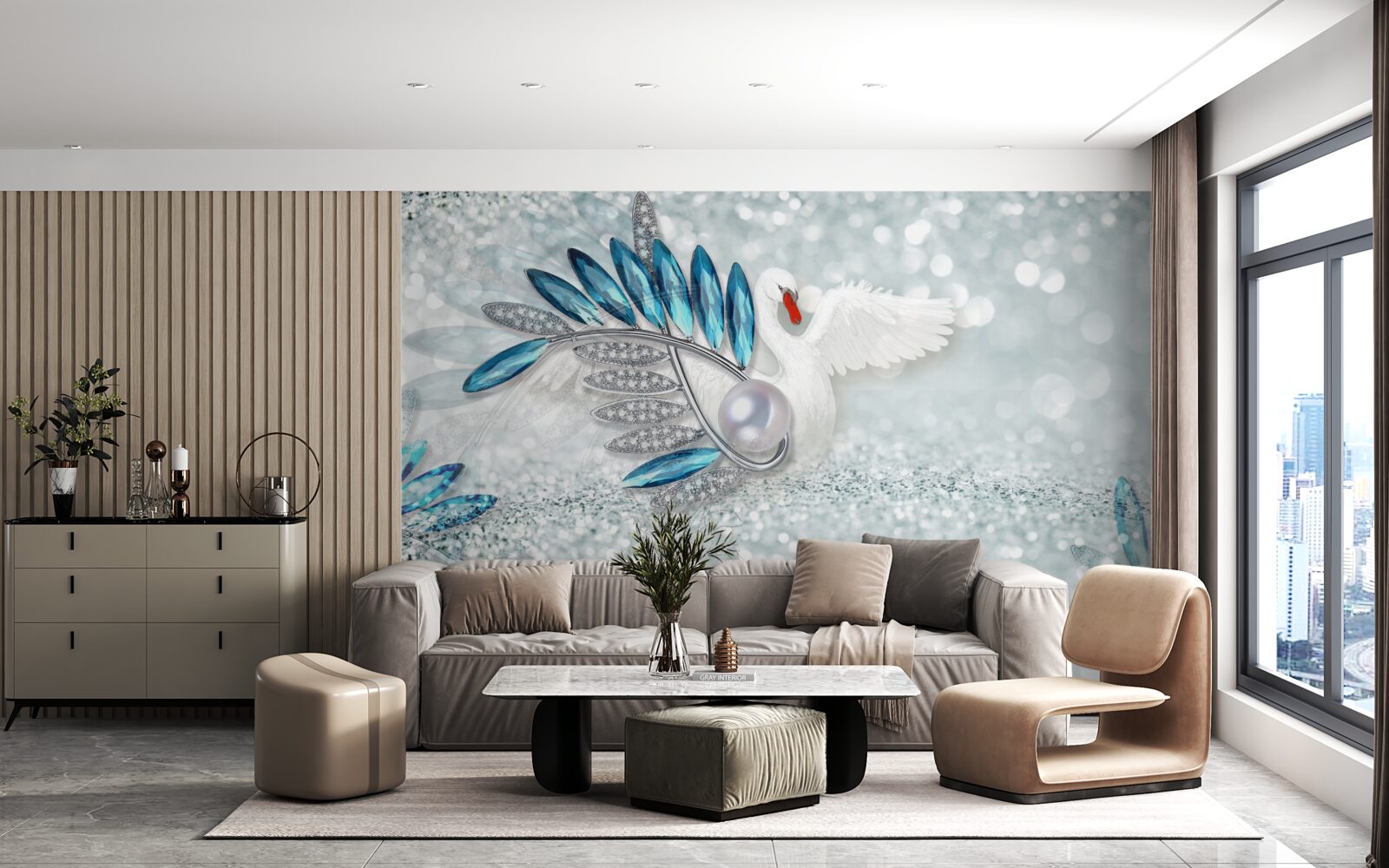 Fotobehang sieraden van witte zwaan en parelmoer