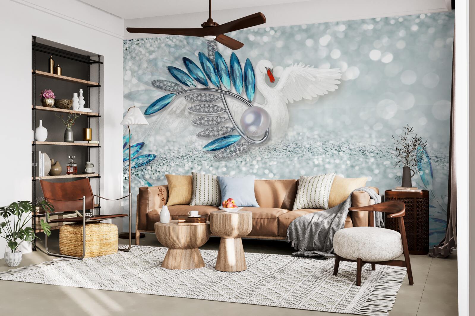 Fotobehang sieraden van witte zwaan en parelmoer