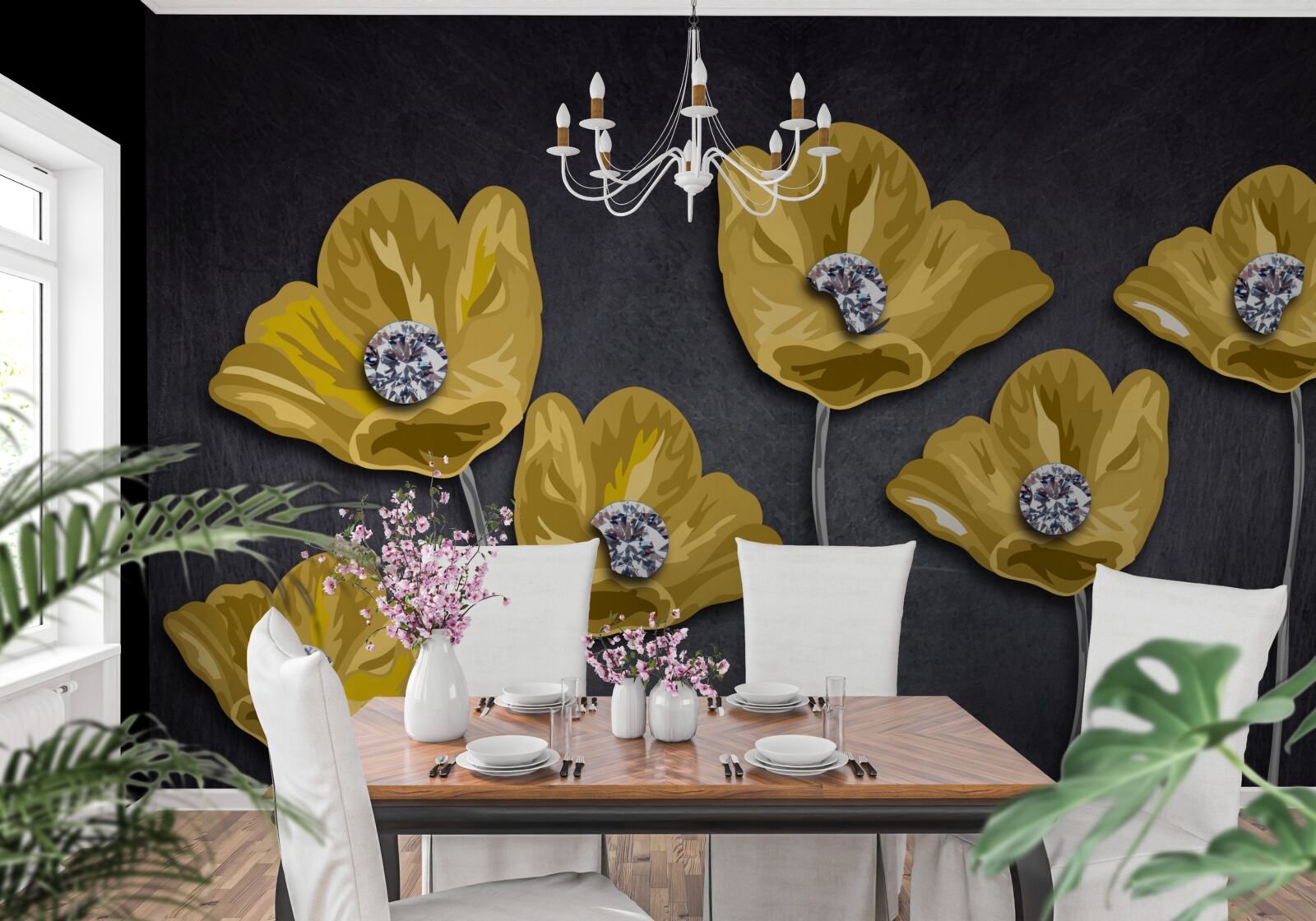 Fotobehang Gele tulpen op een grijze achtergrond