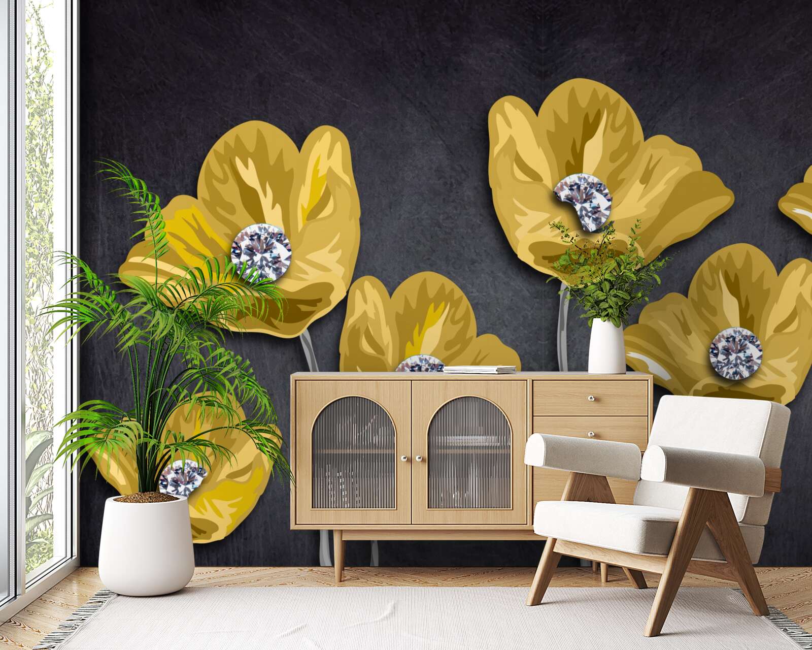 Fotobehang Gele tulpen op een grijze achtergrond