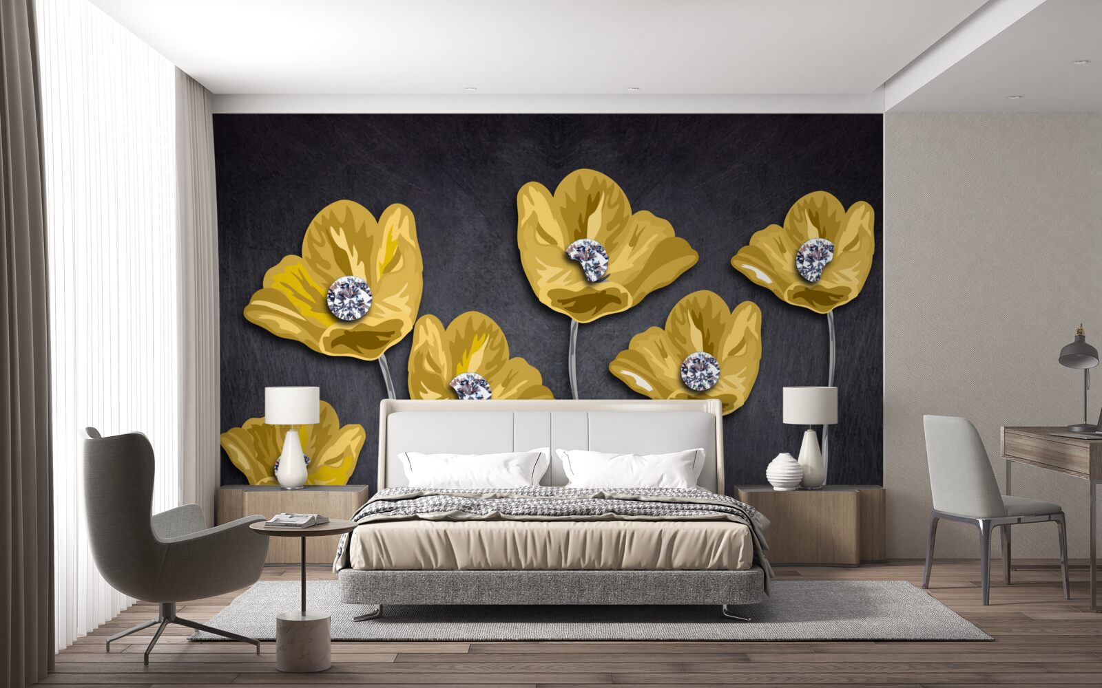 Fotobehang Gele tulpen op een grijze achtergrond