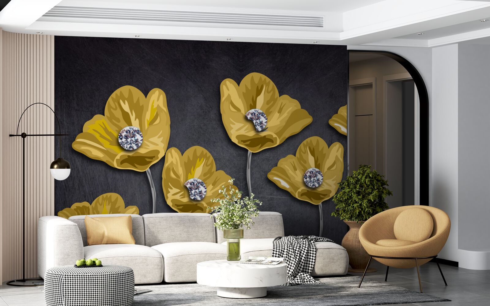 Fotobehang Gele tulpen op een grijze achtergrond