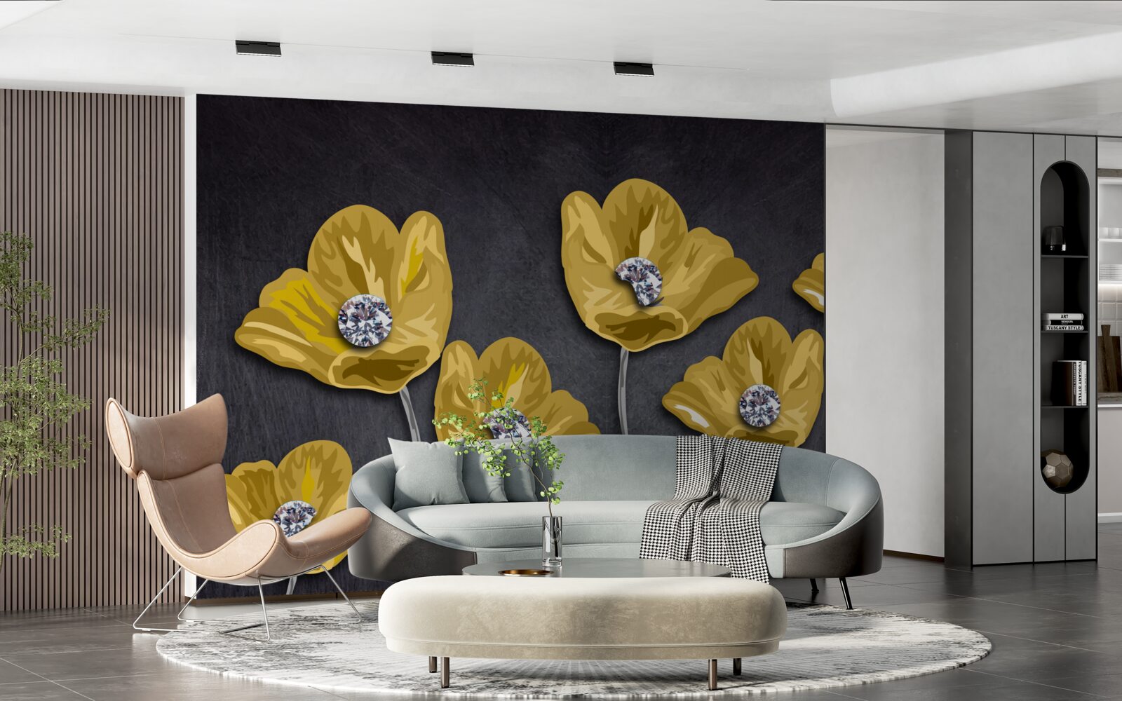 Fotobehang Gele tulpen op een grijze achtergrond