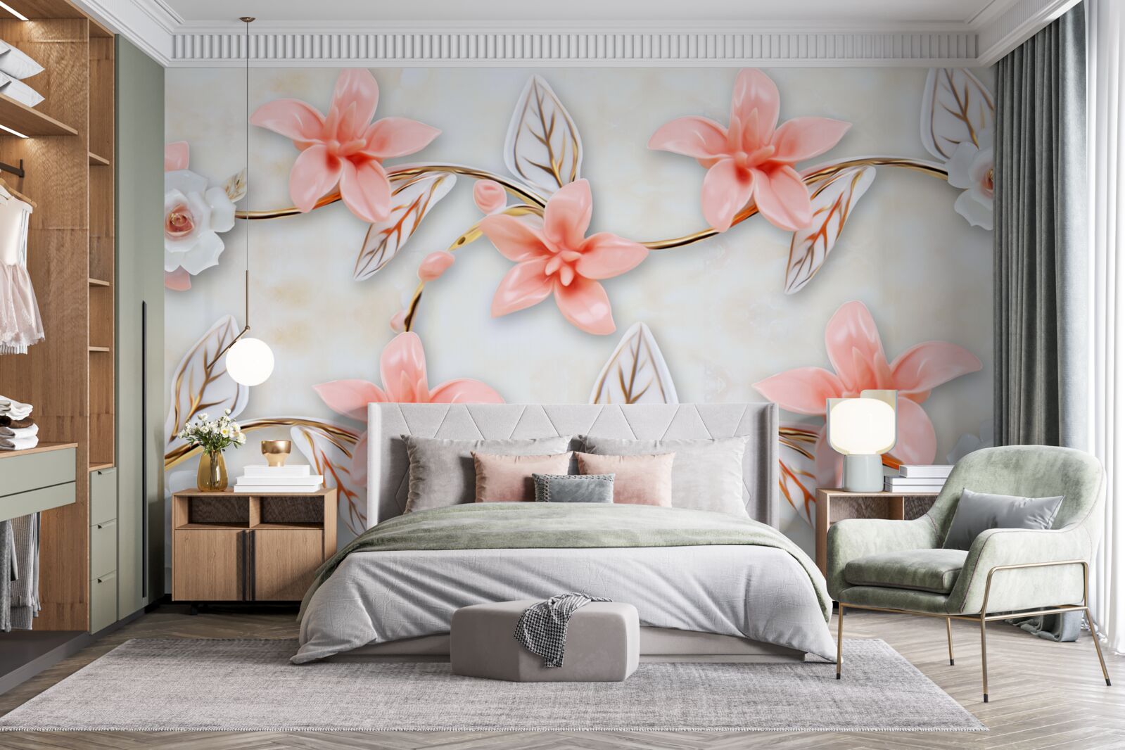 Fotobehang roze magnolia's aan de takken