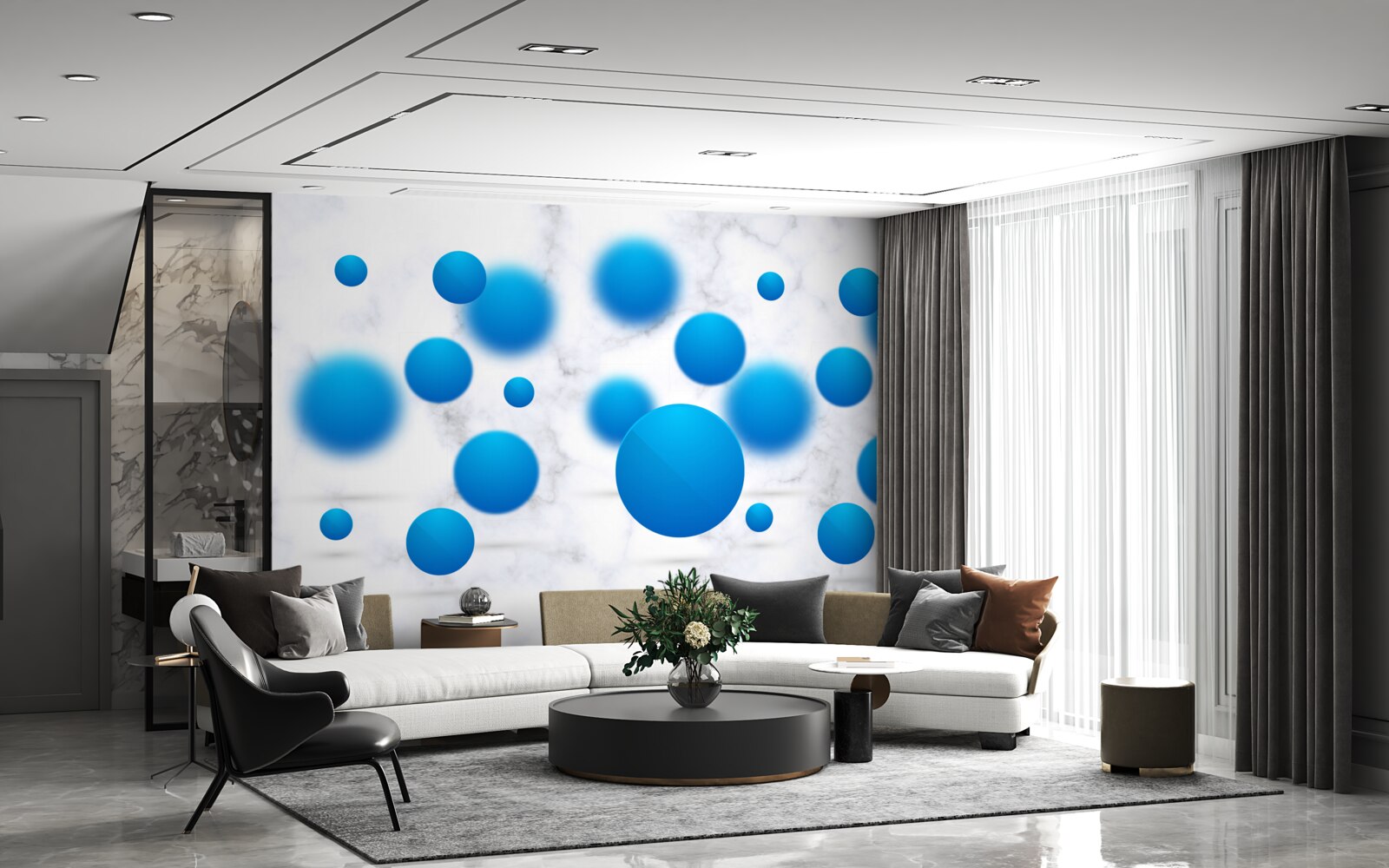 Fotobehang blauwe cirkels zweven in de lucht