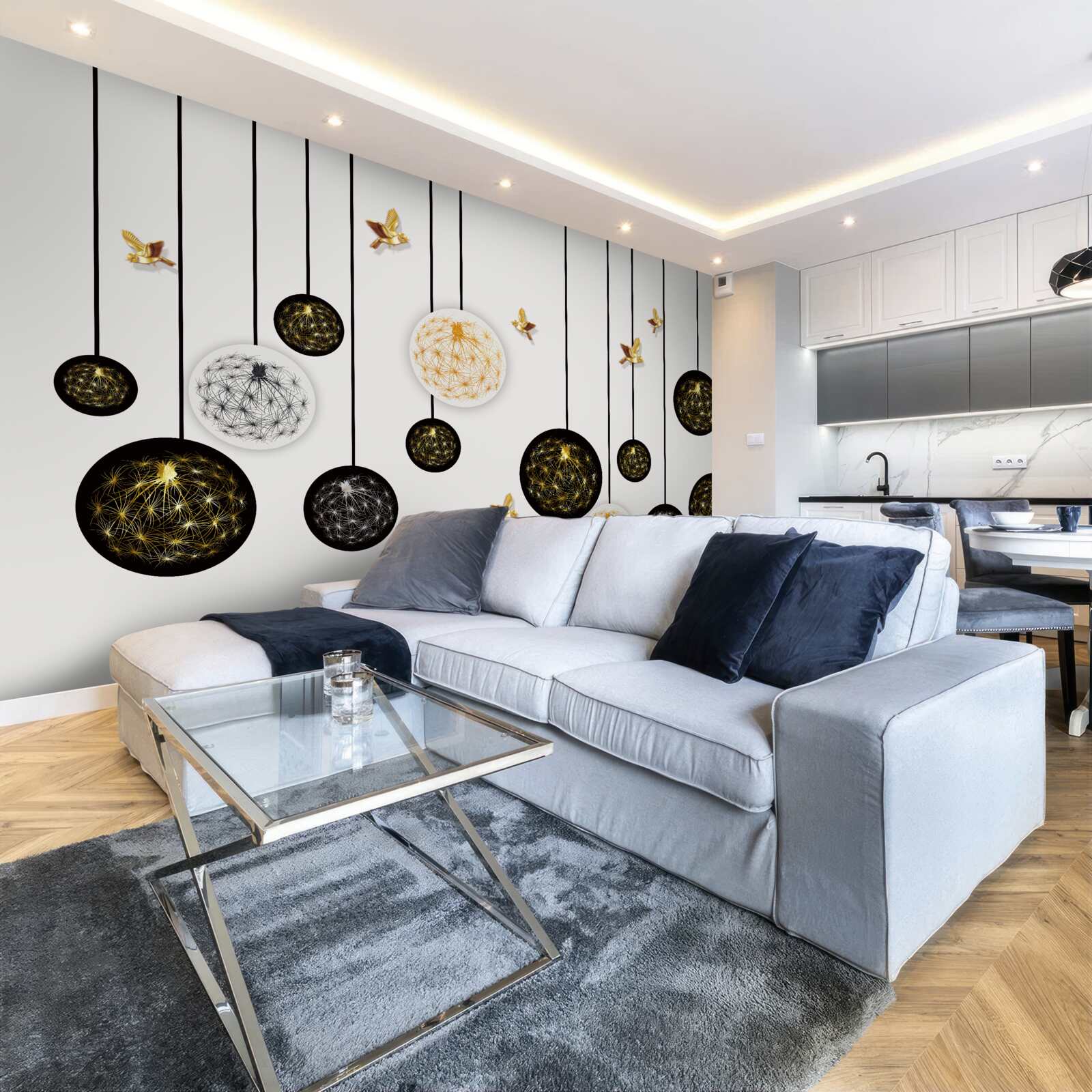 Fotobehang zwarte hangende ballen op een lichte achtergrond