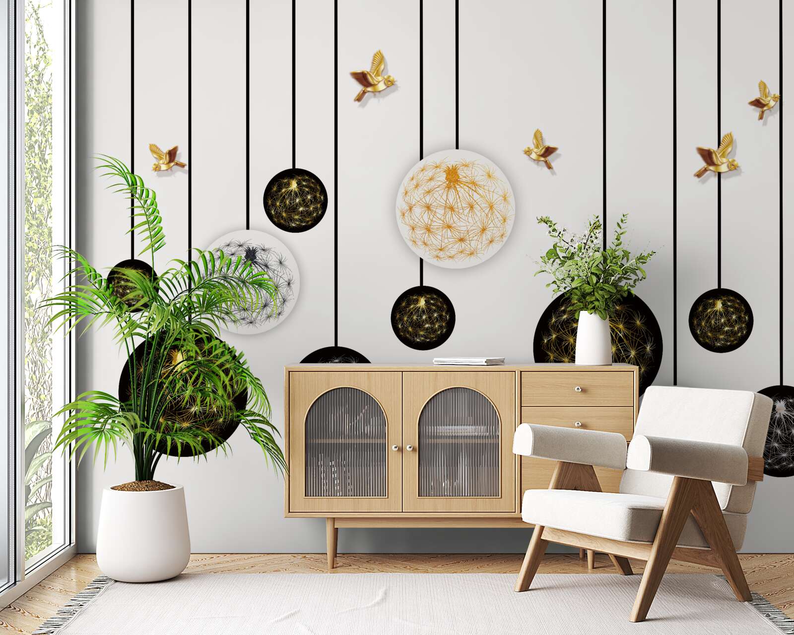 Fotobehang zwarte hangende ballen op een lichte achtergrond