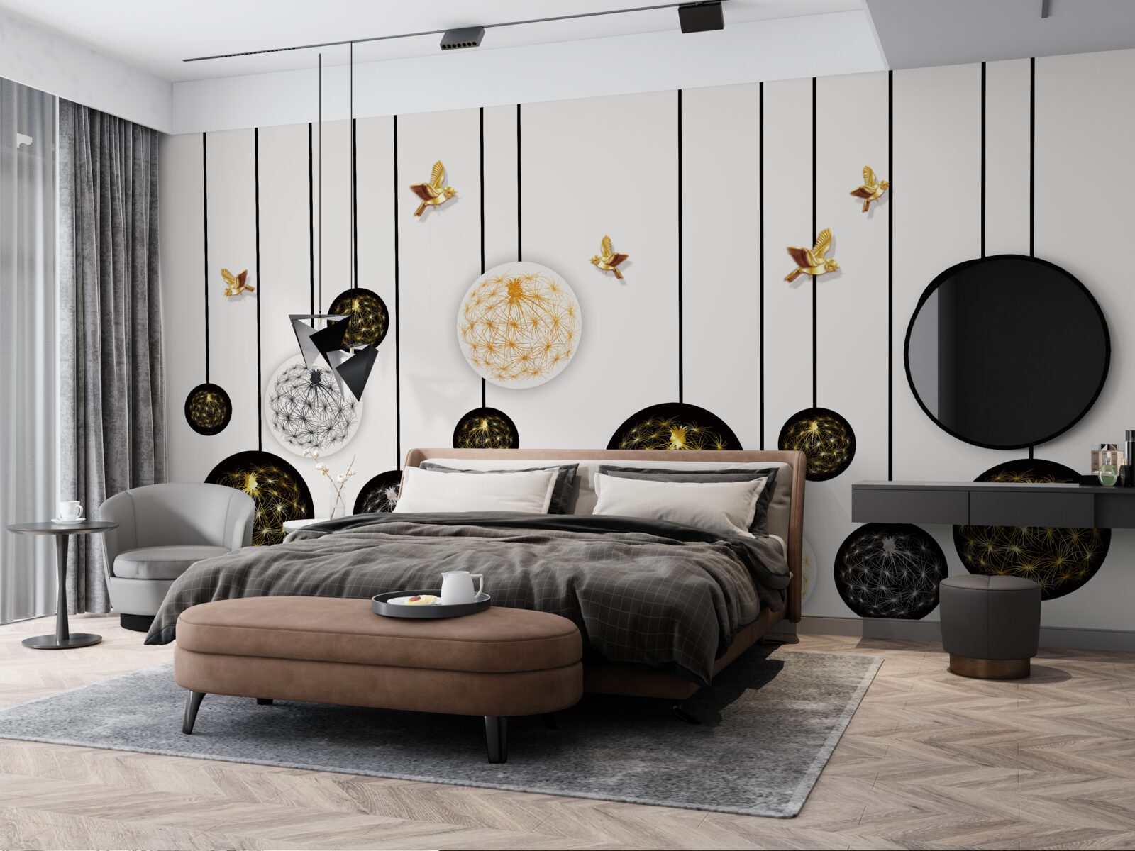 Fotobehang zwarte hangende ballen op een lichte achtergrond