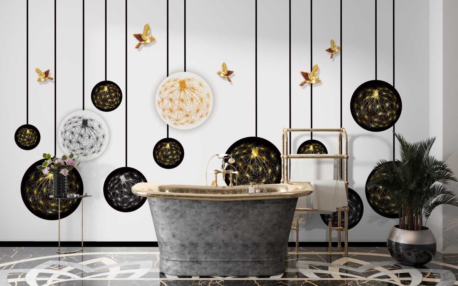 Fotobehang zwarte hangende ballen op een lichte achtergrond