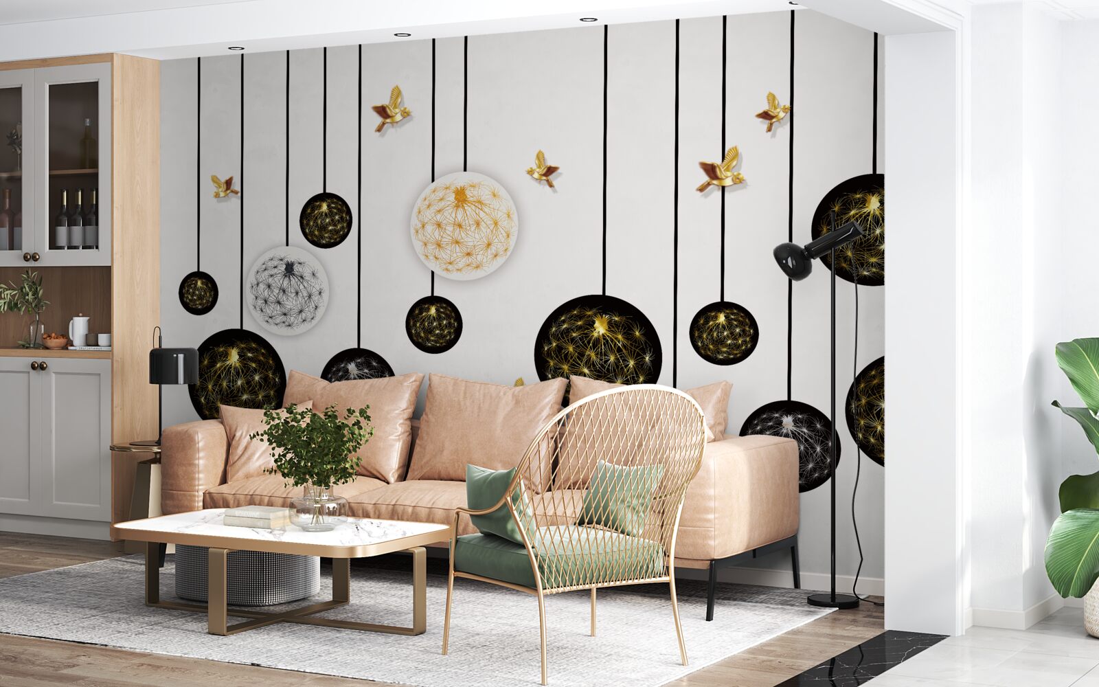 Fotobehang zwarte hangende ballen op een lichte achtergrond