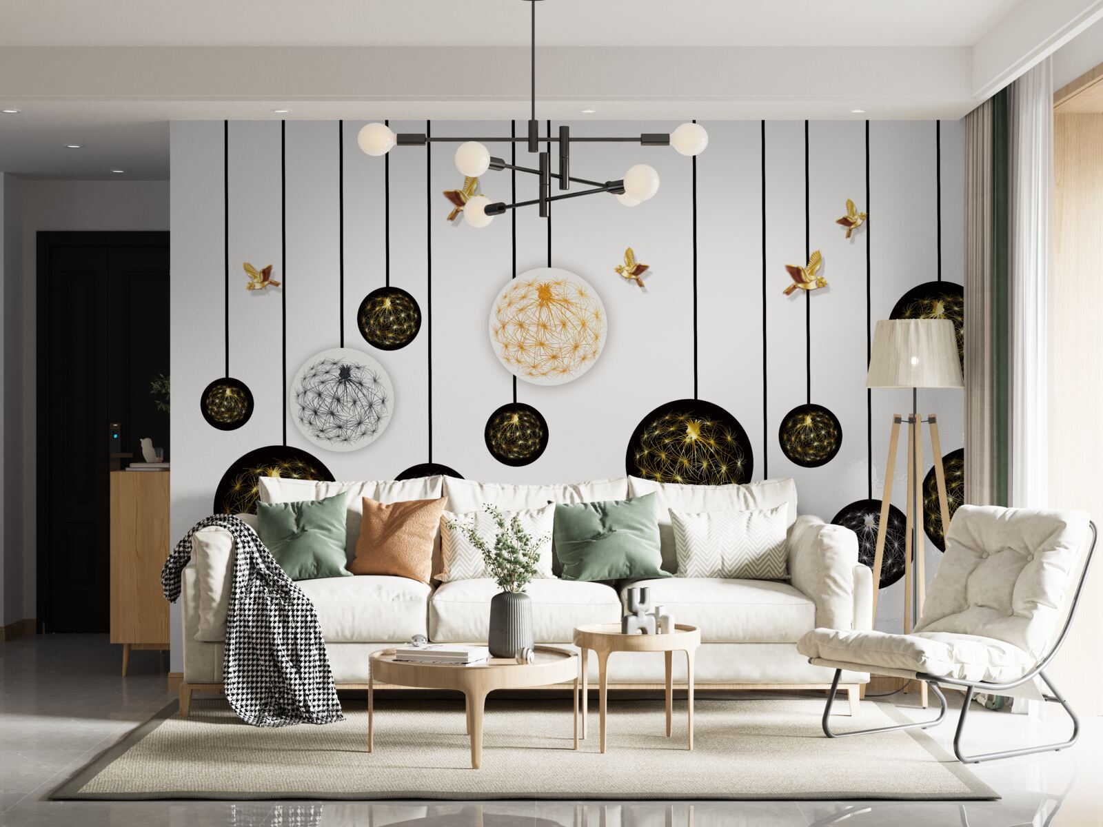 Fotobehang zwarte hangende ballen op een lichte achtergrond