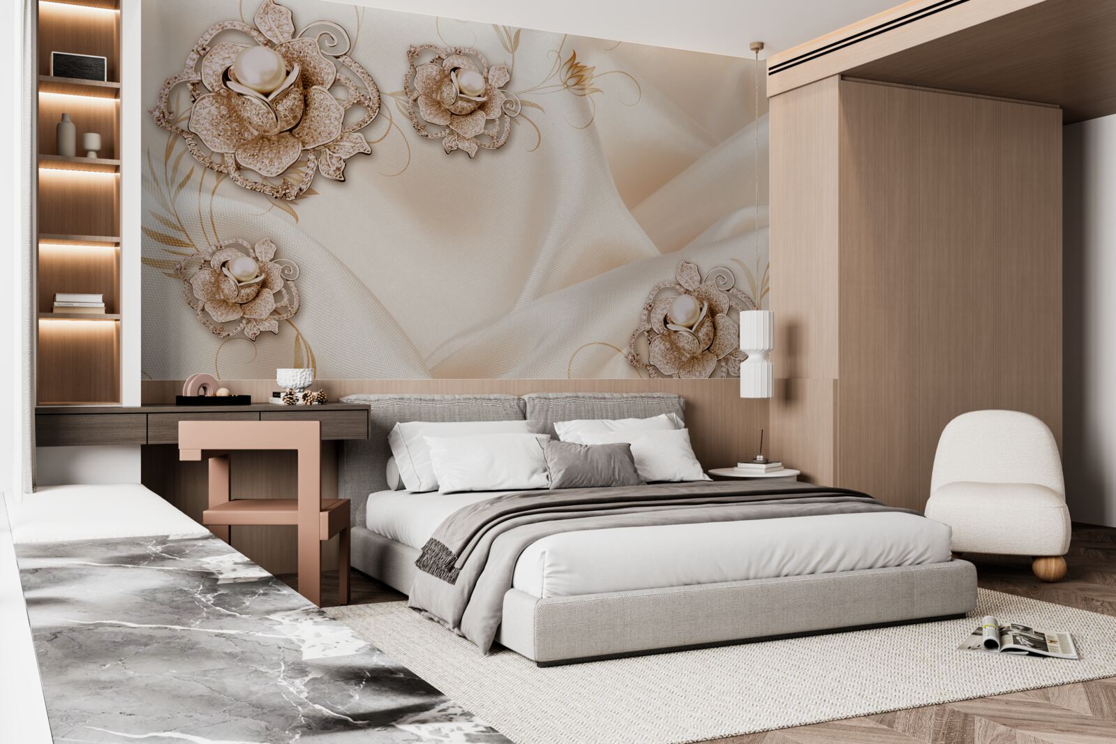 Fotobehang combinatie van delicate perzikzijde en bloemen