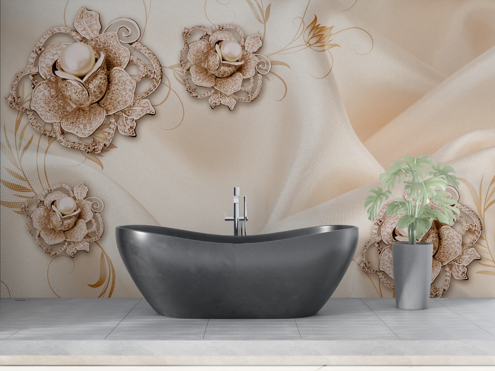 Fotobehang combinatie van delicate perzikzijde en bloemen