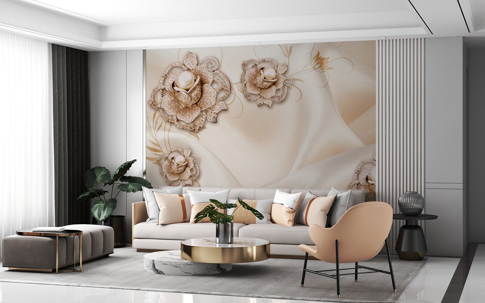 Fotobehang combinatie van delicate perzikzijde en bloemen