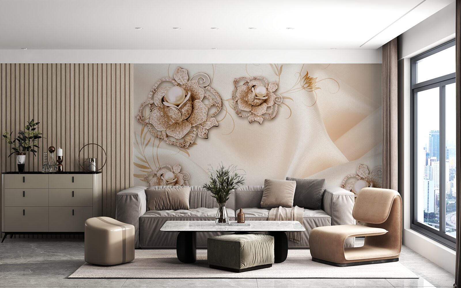 Fotobehang combinatie van delicate perzikzijde en bloemen