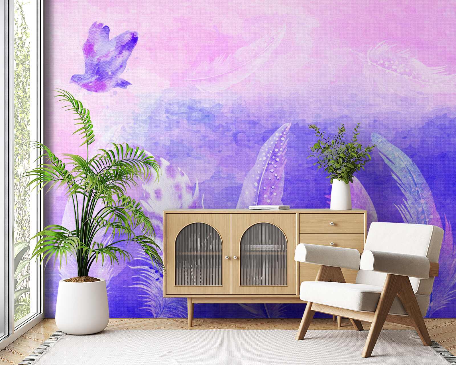 Fotobehang vogel vliegt boven de veren