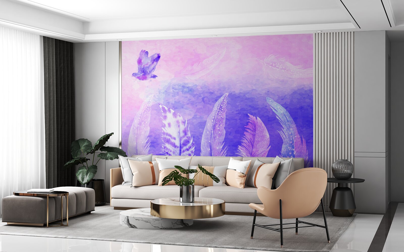 Fotobehang vogel vliegt boven de veren