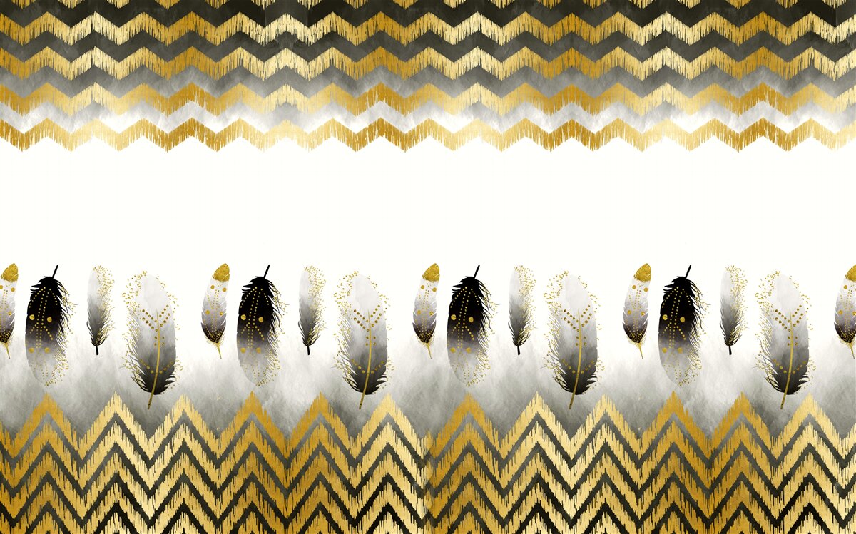 Fotobehang veren in zwart en wit en gebogen lijnen in goudtinten