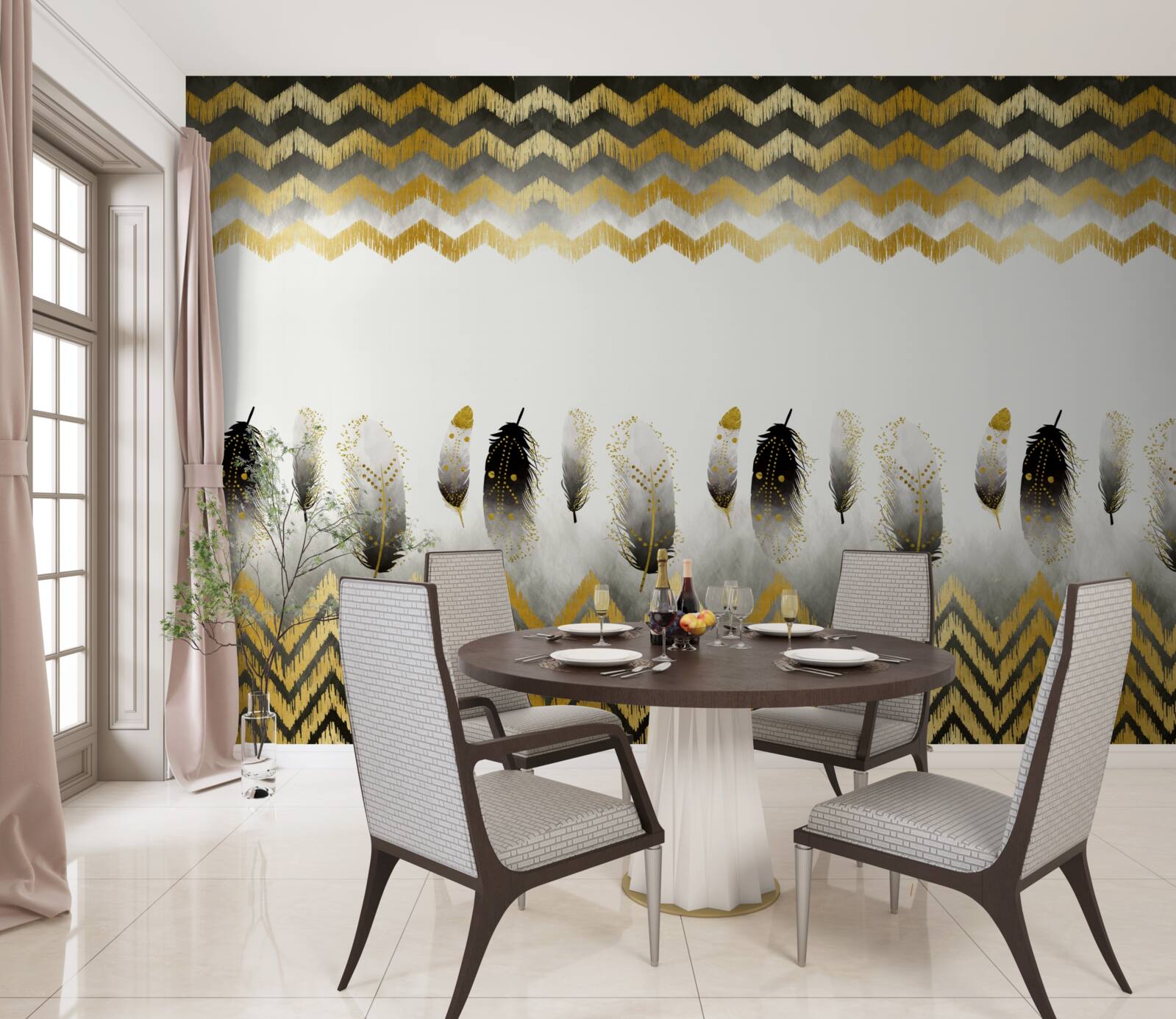 Fotobehang veren in zwart en wit en gebogen lijnen in goudtinten