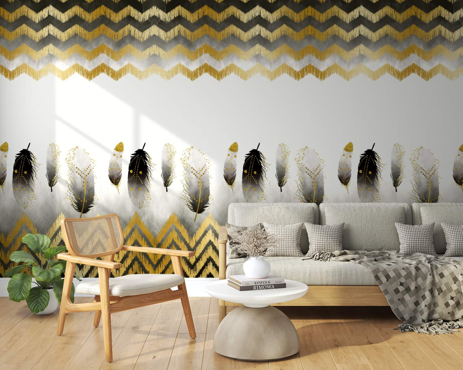 Fotobehang veren in zwart en wit en gebogen lijnen in goudtinten