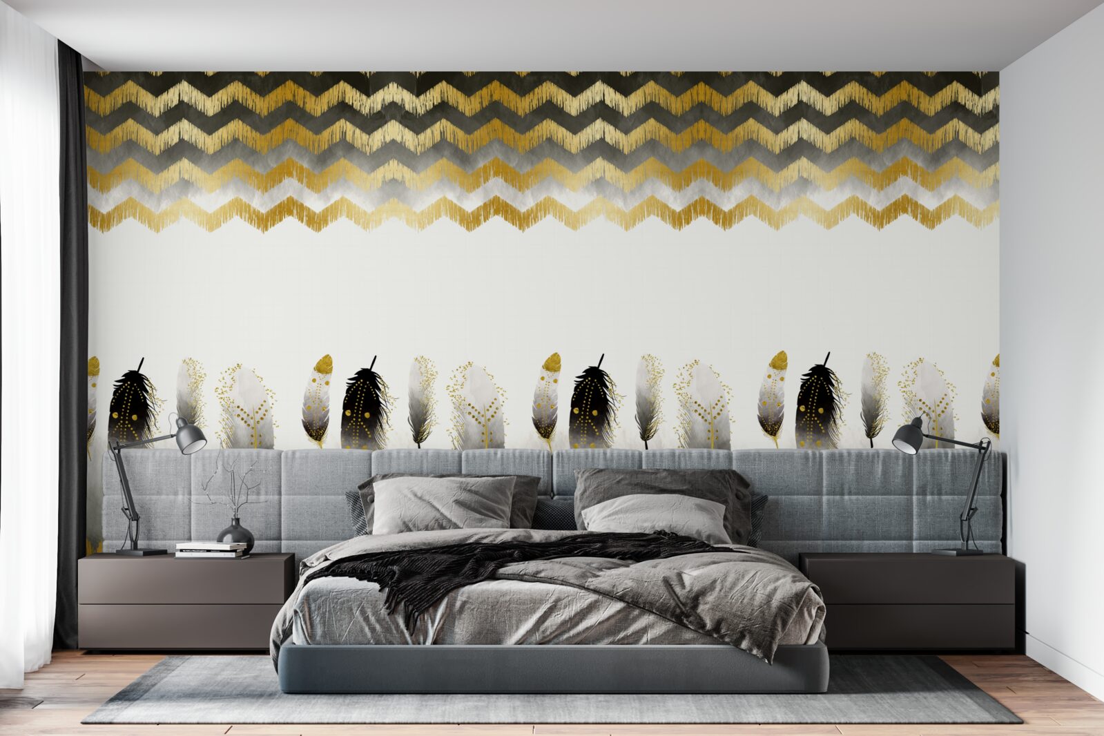 Fotobehang veren in zwart en wit en gebogen lijnen in goudtinten
