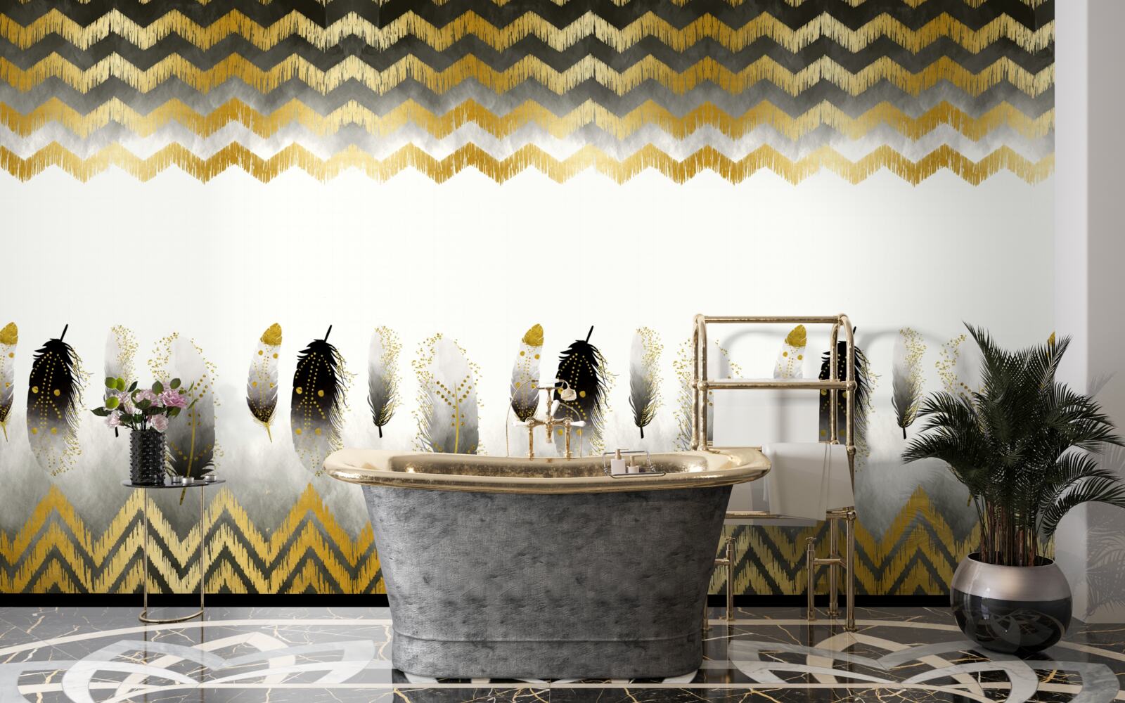 Fotobehang veren in zwart en wit en gebogen lijnen in goudtinten