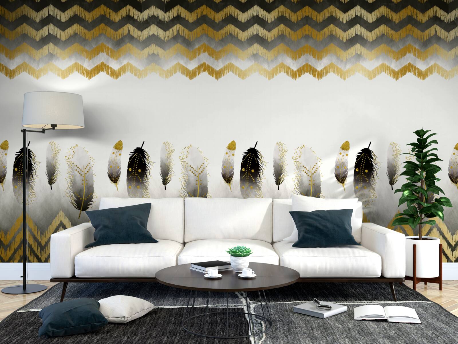 Fotobehang veren in zwart en wit en gebogen lijnen in goudtinten