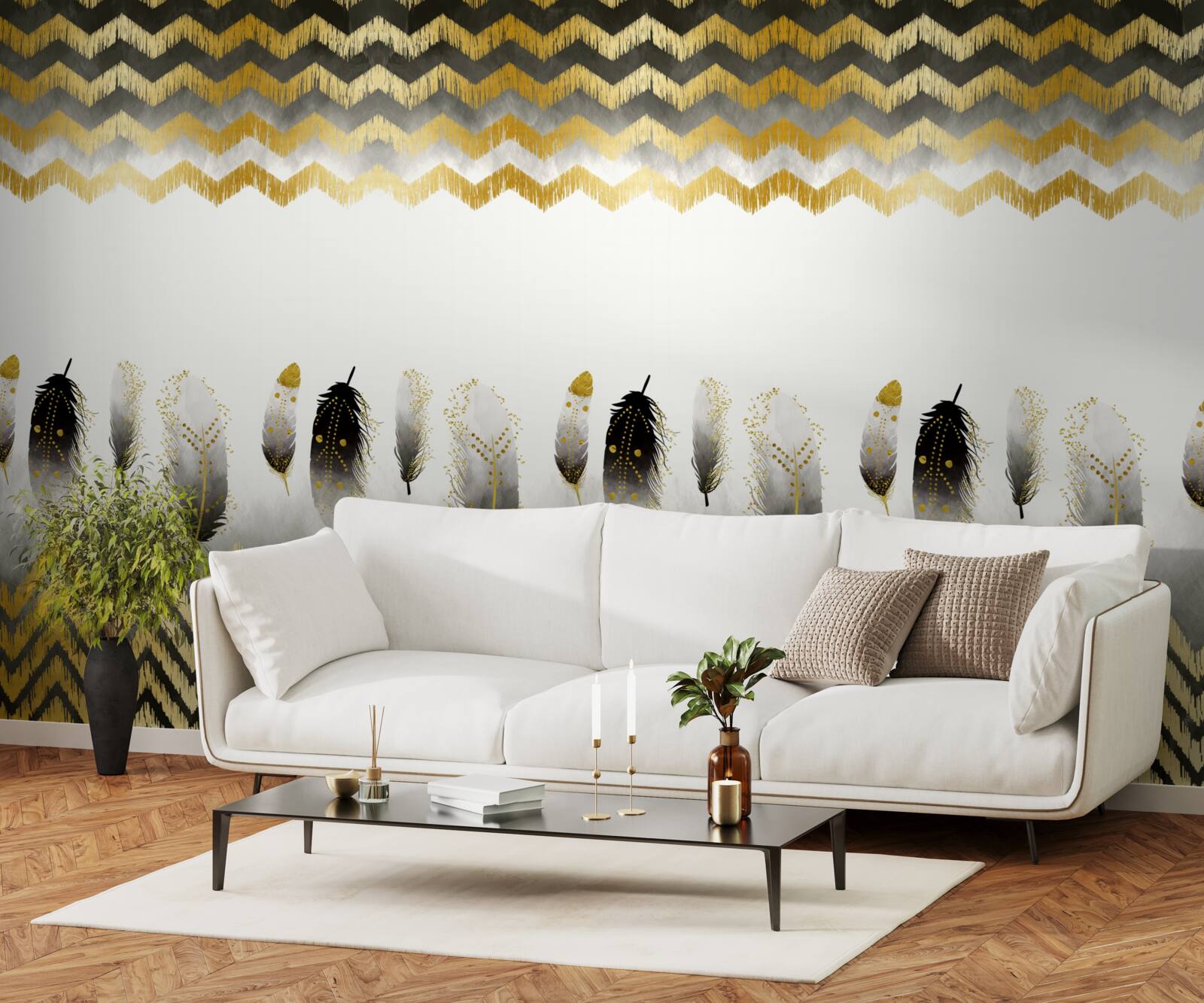 Fotobehang veren in zwart en wit en gebogen lijnen in goudtinten