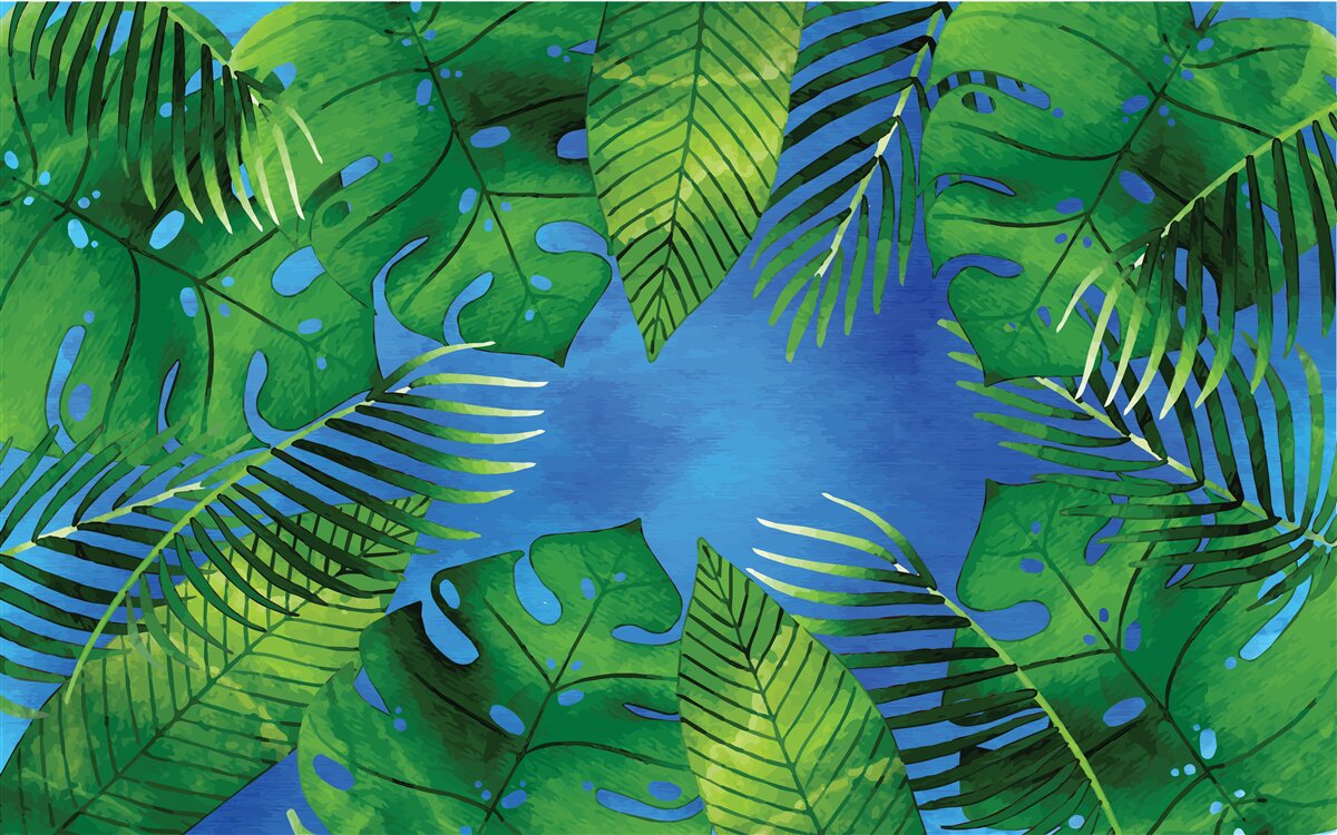 Fotobehang tropische bladeren openen zich naar een blauwe hemel