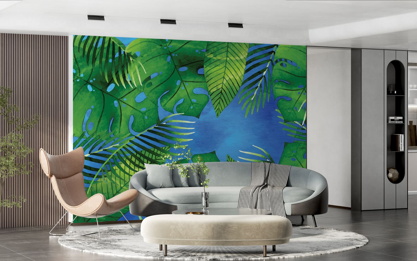 Fotobehang tropische bladeren openen zich naar een blauwe hemel